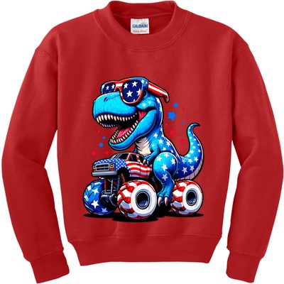 Patriotic T Rex Riding Monster Truck Kids Sweatshirt
