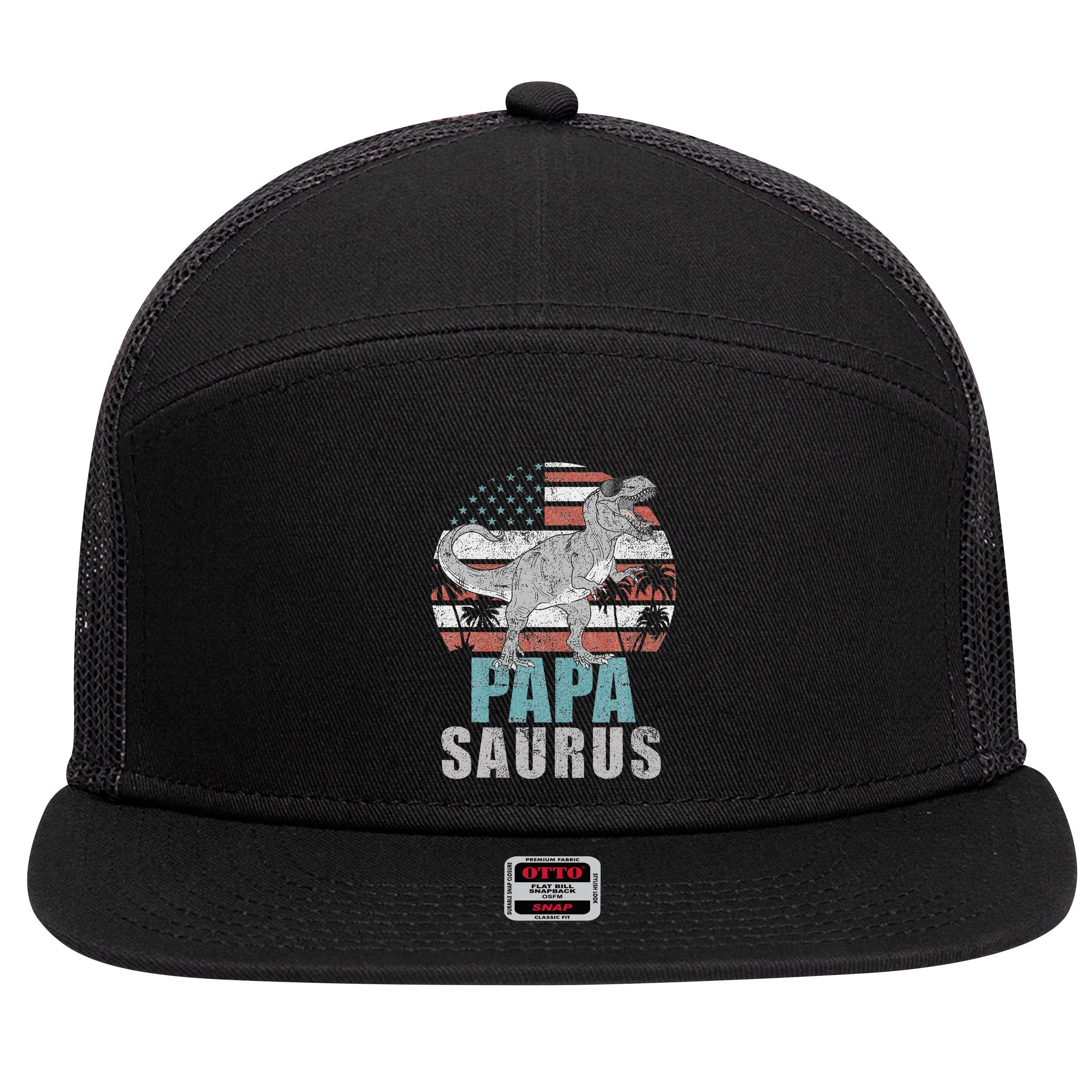Papasaurus T Rex Dinosaur Papa Saurus American Flag Gift 7 Panel Mesh Trucker Snapback Hat