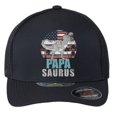 Papasaurus T Rex Dinosaur Papa Saurus American Flag Gift Flexfit Unipanel Trucker Cap