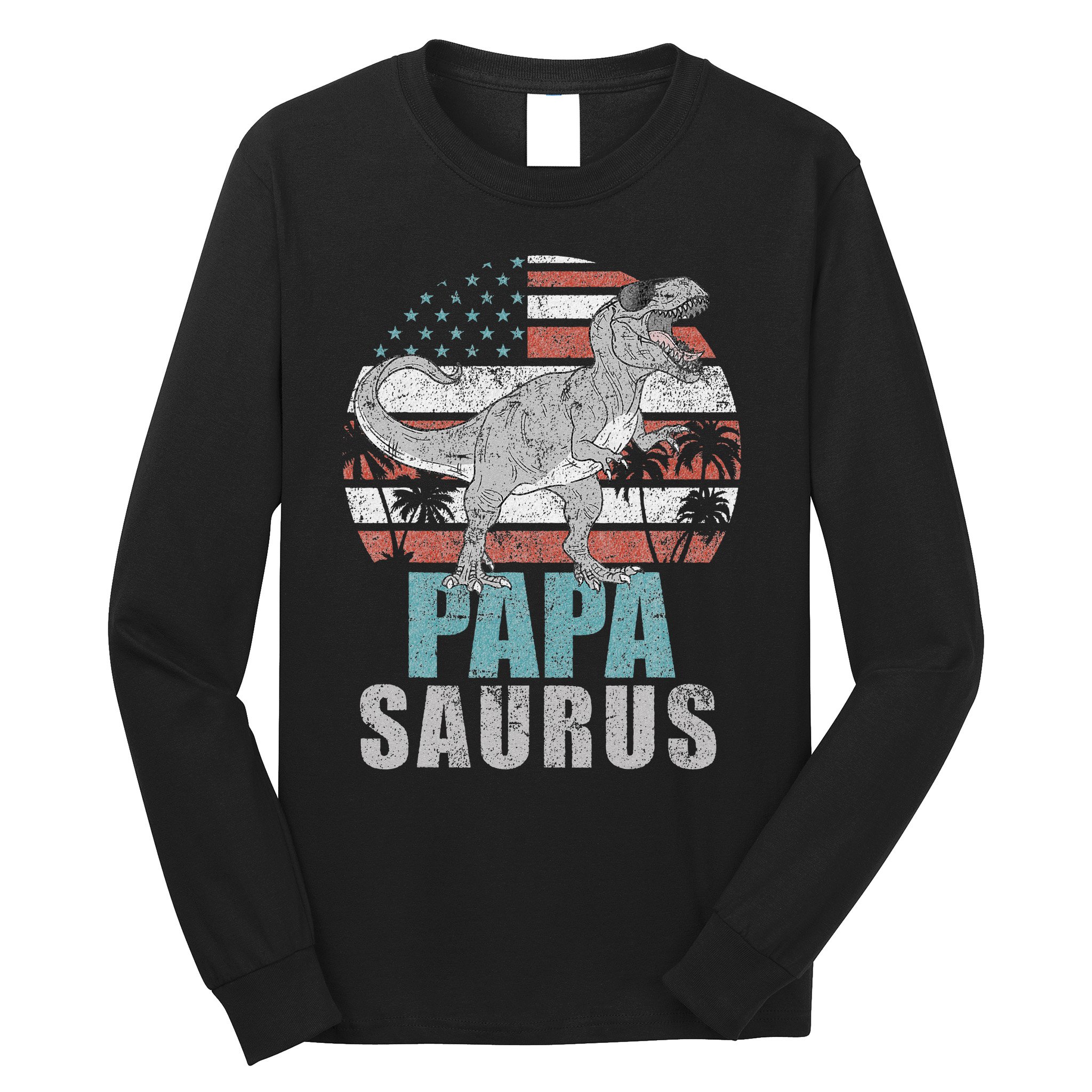 Papasaurus T Rex Dinosaur Papa Saurus American Flag Gift Long Sleeve Shirt