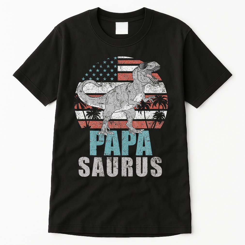 Papasaurus T Rex Dinosaur Papa Saurus American Flag Gift Tall T-Shirt