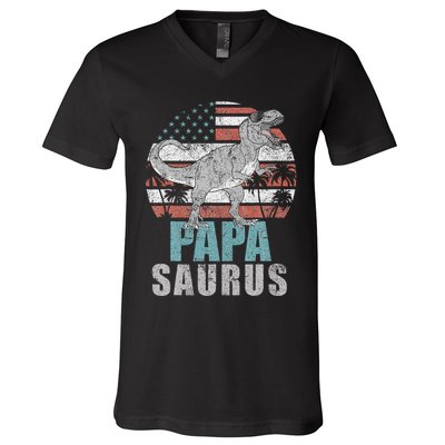 Papasaurus T Rex Dinosaur Papa Saurus American Flag Gift V-Neck T-Shirt