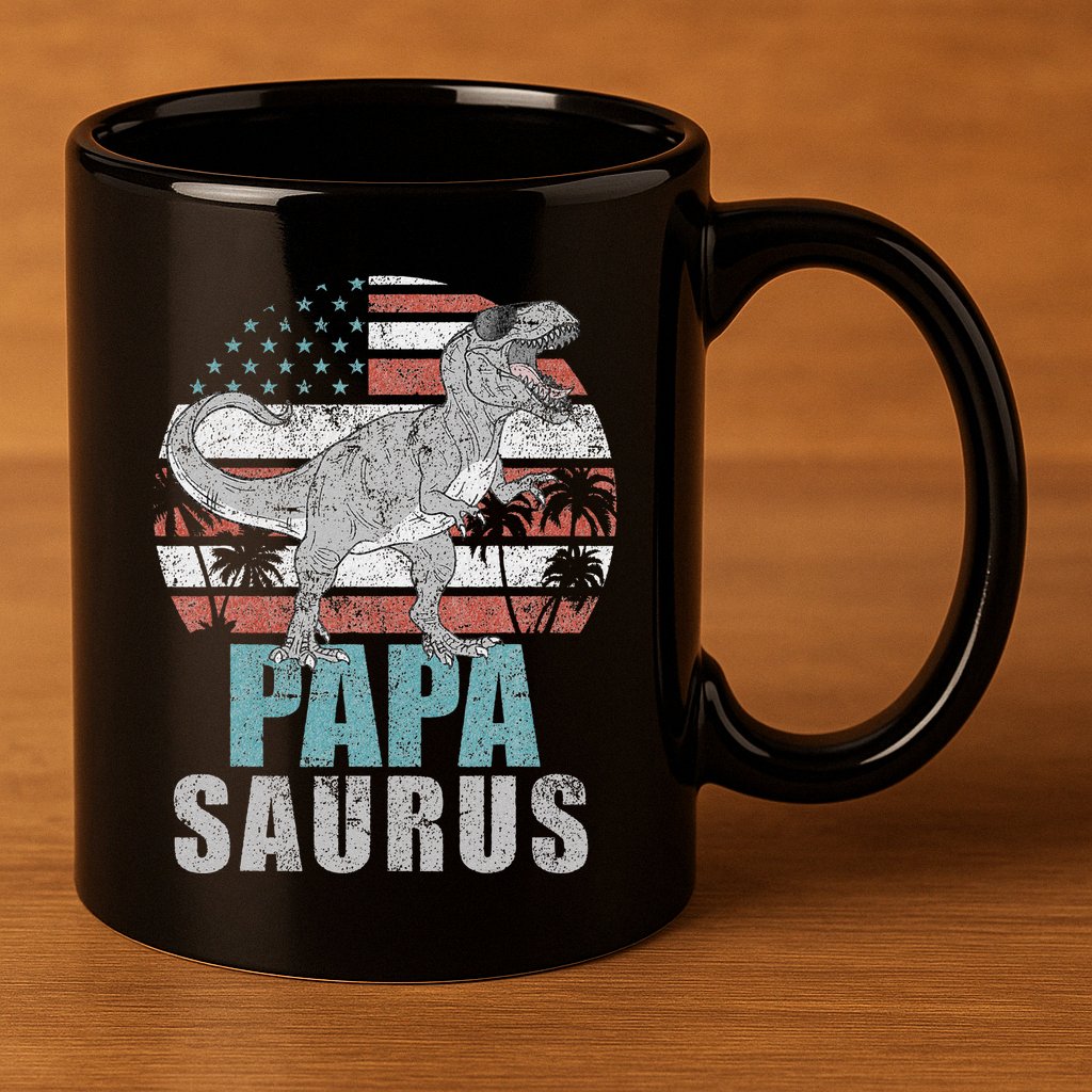 Papasaurus T Rex Dinosaur Papa Saurus American Flag Gift 11oz C Handle Ceramic Mug