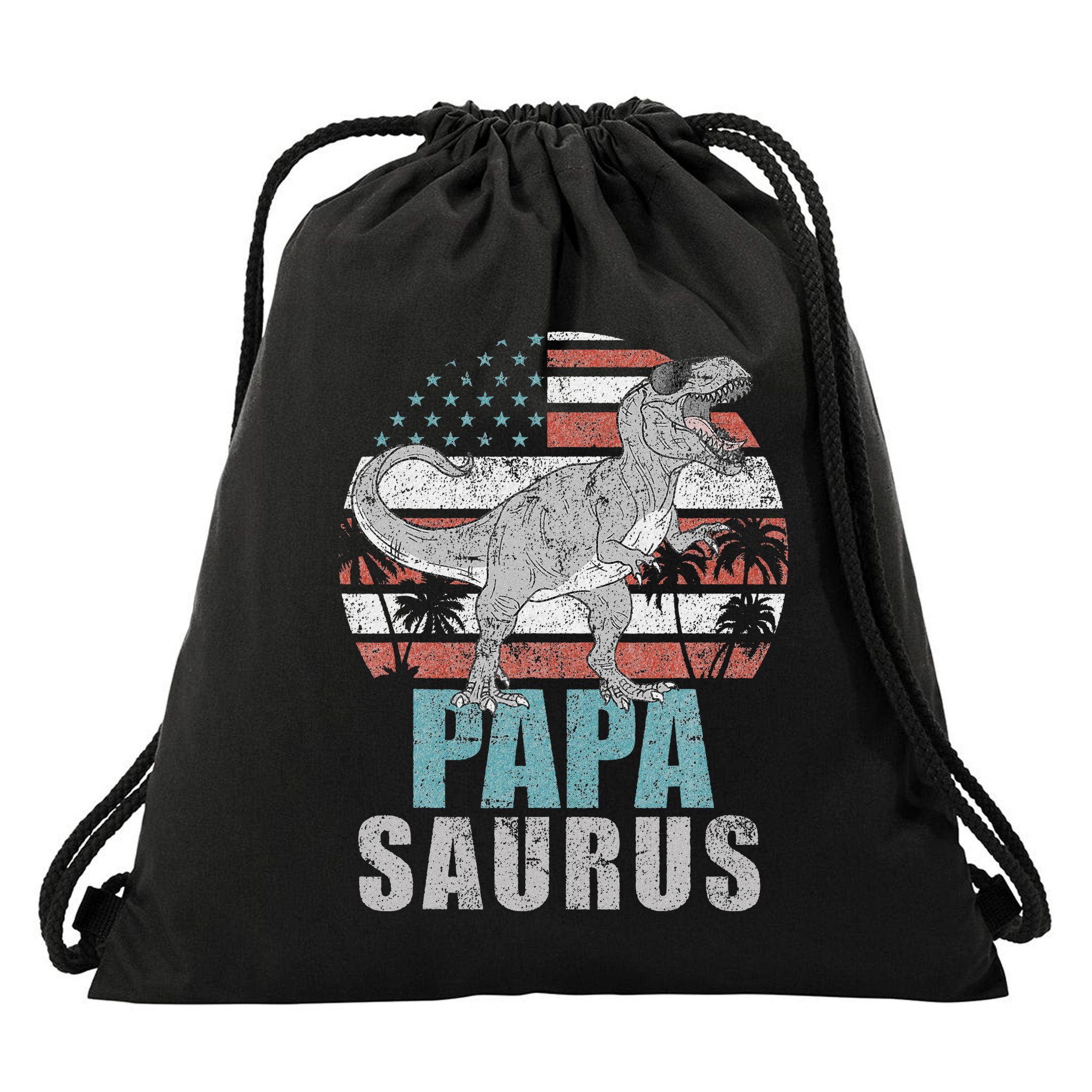 Papasaurus T Rex Dinosaur Papa Saurus American Flag Gift Drawstring Bag