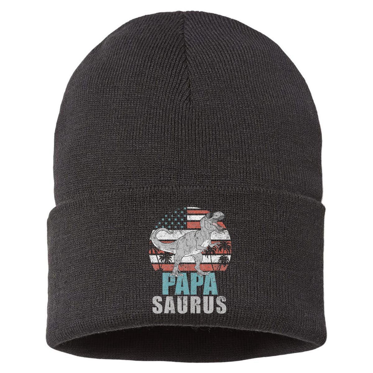 Papasaurus T Rex Dinosaur Papa Saurus American Flag Gift Sustainable Knit Beanie