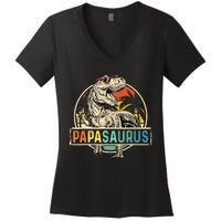 Papasaurus T Rex Papa Dinosaur Grandpa Saurus Fathers Day Women's V-Neck T-Shirt