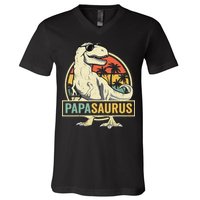 Papasaurus T Rex Dinosaur Papa Saurus Family Matching V-Neck T-Shirt