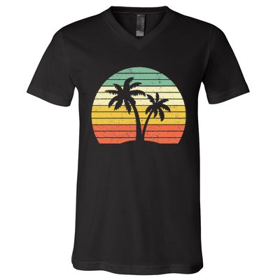 Palm Tree Retro Tropical Beach V-Neck T-Shirt