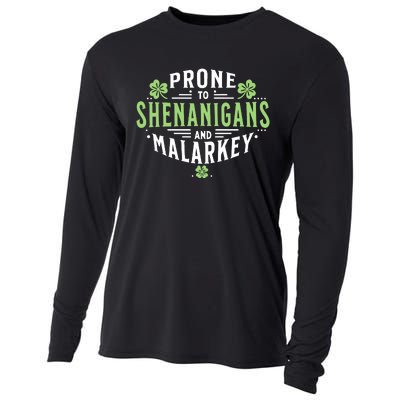 Prone To Shenanigans Malarkey Fun Clovers St Patricks Day Cooling Performance Long Sleeve Crew