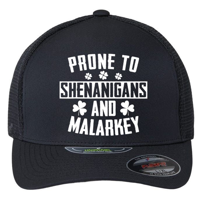 Prone To Shenanigans And Malarkey Irish Shamrock Leprechaun Flexfit Unipanel Trucker Cap