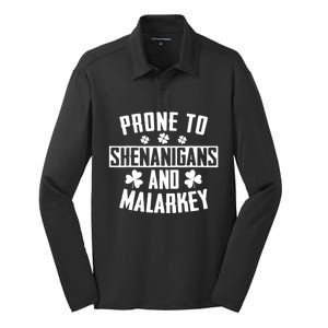 Prone To Shenanigans And Malarkey Irish Shamrock Leprechaun Silk Touch Performance Long Sleeve Polo