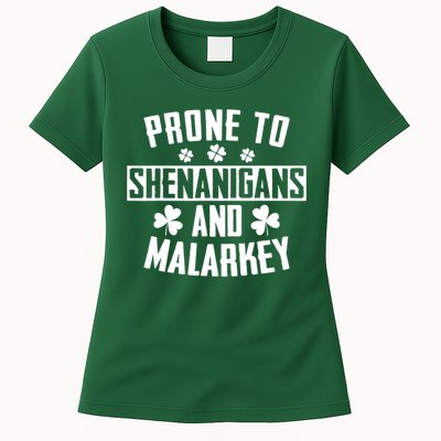 Prone To Shenanigans And Malarkey Irish Shamrock Leprechaun Womens T-Shirt