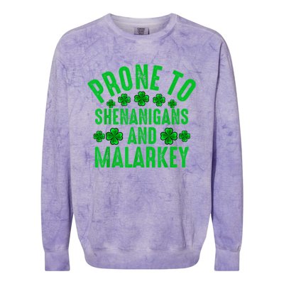 Prone To Shenanigans And Malarkey Irish Shamrock Leprechaun Colorblast Crewneck Sweatshirt