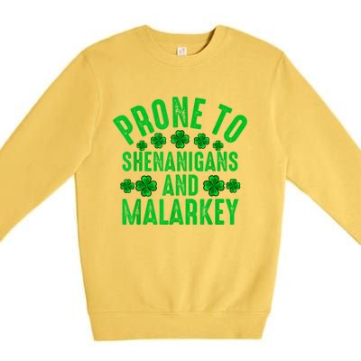 Prone To Shenanigans And Malarkey Irish Shamrock Leprechaun Premium Crewneck Sweatshirt