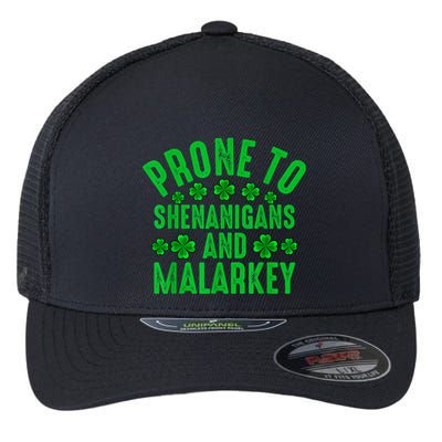 Prone To Shenanigans And Malarkey Irish Shamrock Leprechaun Flexfit Unipanel Trucker Cap