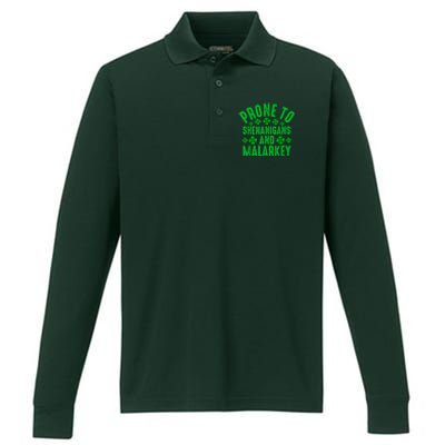 Prone To Shenanigans And Malarkey Irish Shamrock Leprechaun Performance Long Sleeve Polo