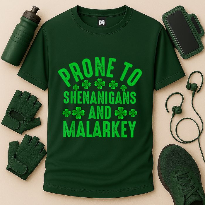 Prone To Shenanigans And Malarkey Irish Shamrock Leprechaun Performance Shirt
