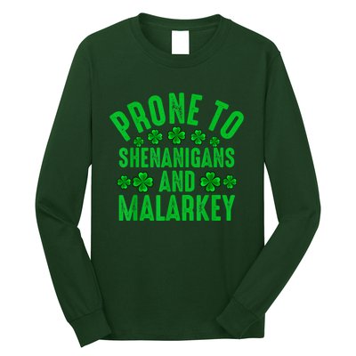 Prone To Shenanigans And Malarkey Irish Shamrock Leprechaun Long Sleeve Shirt