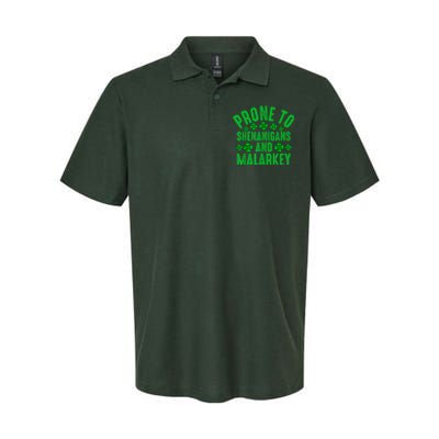 Prone To Shenanigans And Malarkey Irish Shamrock Leprechaun Softstyle Adult Sport Polo