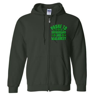 Prone To Shenanigans And Malarkey Irish Shamrock Leprechaun Full Zip Hoodie