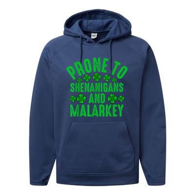 Prone To Shenanigans And Malarkey Irish Shamrock Leprechaun Performance Fleece Hoodie