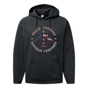 Peace Through Superior Firepower B 52 Stratofortress Design Performance Fleece Hoodie