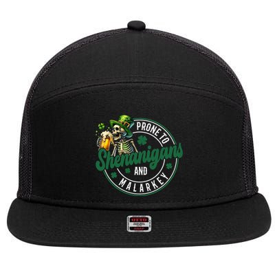 Prone To Shenanigans And Malarkey St Patricks Day 7 Panel Mesh Trucker Snapback Hat