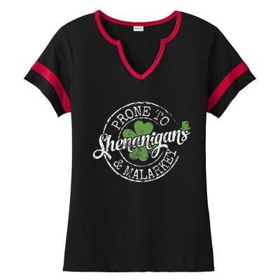 Prone To Shenanigans & Malarkey Fun Clovers St Patrick's Day Ladies Halftime Notch Neck Tee