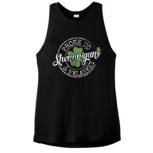 Prone To Shenanigans & Malarkey Fun Clovers St Patrick's Day Ladies PosiCharge Tri-Blend Wicking Tank