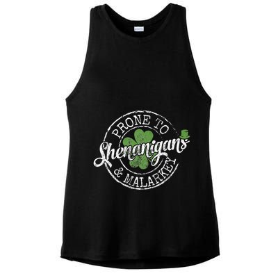 Prone To Shenanigans & Malarkey Fun Clovers St Patrick's Day Ladies PosiCharge Tri-Blend Wicking Tank