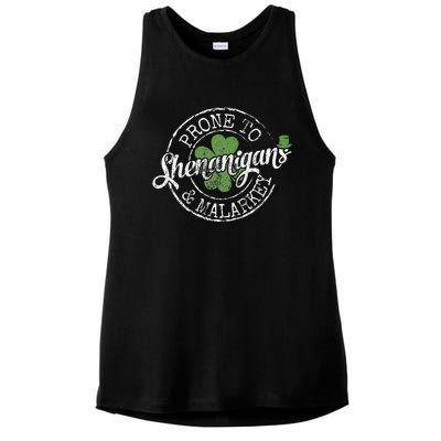 Prone To Shenanigans & Malarkey Fun Clovers St Patrick's Day Ladies PosiCharge Tri-Blend Wicking Tank