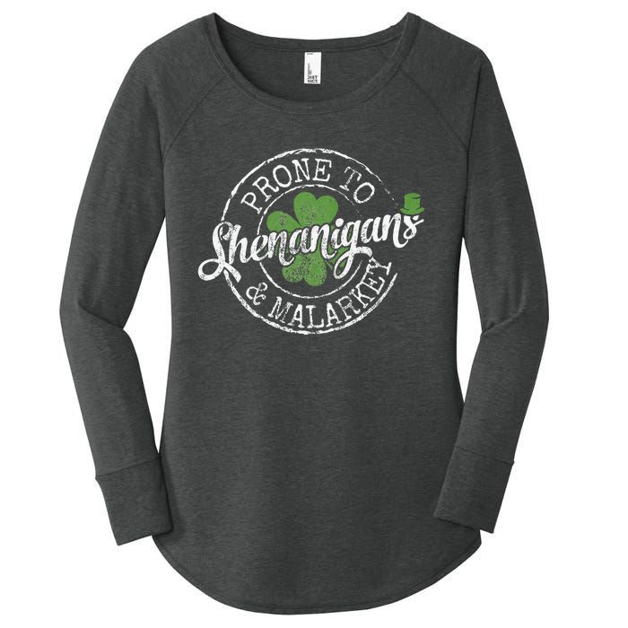 Prone To Shenanigans & Malarkey Fun Clovers St Patrick's Day Women's Perfect Tri Tunic Long Sleeve Shirt