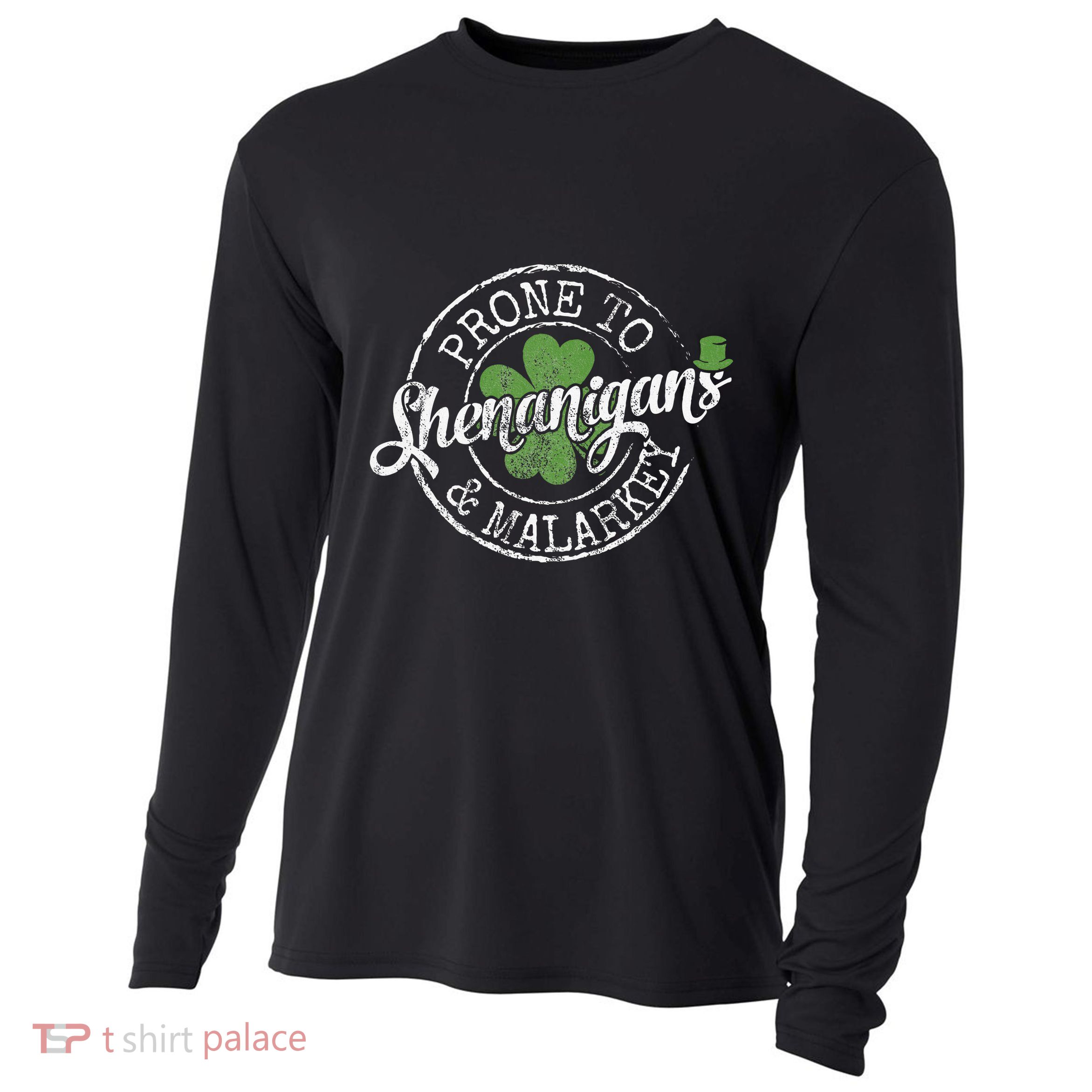 Prone To Shenanigans & Malarkey Fun Clovers St Patrick's Day Cooling Performance Long Sleeve Crew