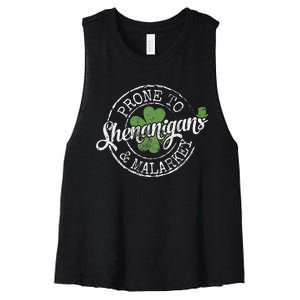 Prone To Shenanigans & Malarkey Fun Clovers St Patrick's Day Women's Racerback Cropped Tank