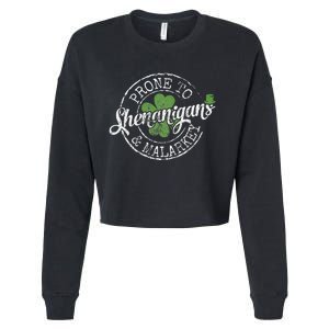 Prone To Shenanigans & Malarkey Fun Clovers St Patrick's Day Cropped Pullover Crew