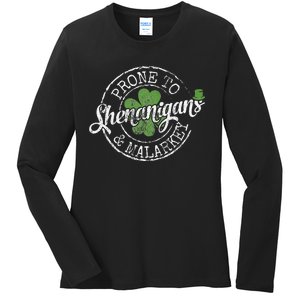 Prone To Shenanigans & Malarkey Fun Clovers St Patrick's Day Ladies Long Sleeve Shirt