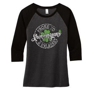 Prone To Shenanigans & Malarkey Fun Clovers St Patrick's Day Women's Tri-Blend 3/4-Sleeve Raglan Shirt