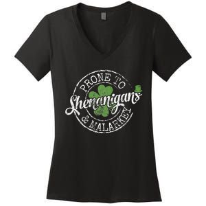 Prone To Shenanigans & Malarkey Fun Clovers St Patrick's Day Women's V-Neck T-Shirt