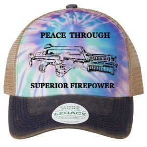 Peace Through Superior Firepower Retro 80S Sci Fi Legacy Tie Dye Trucker Hat