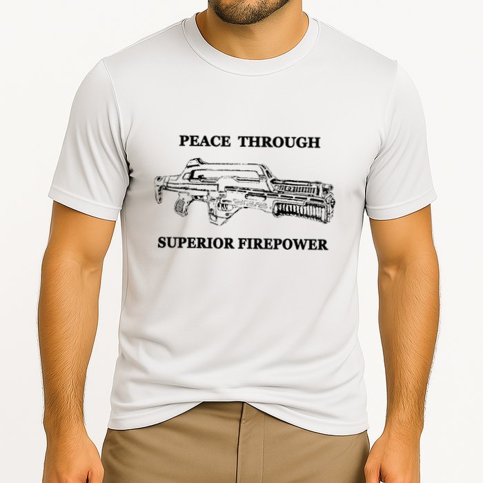 Peace Through Superior Firepower Retro 80S Sci Fi Cooling Performance Crew T-Shirt
