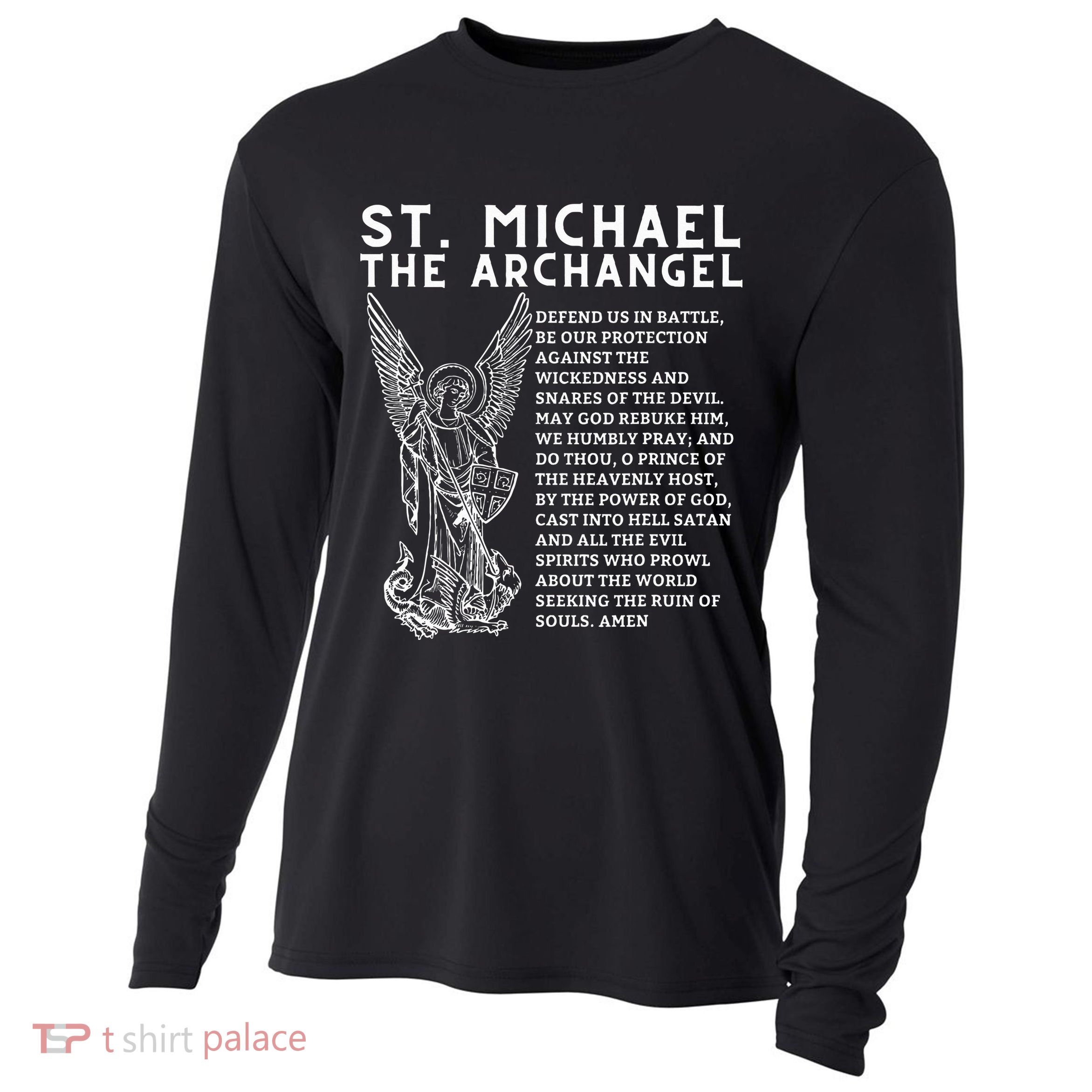 Prayer To St. Michael The Archangel Print Christian Cooling Performance Long Sleeve Crew