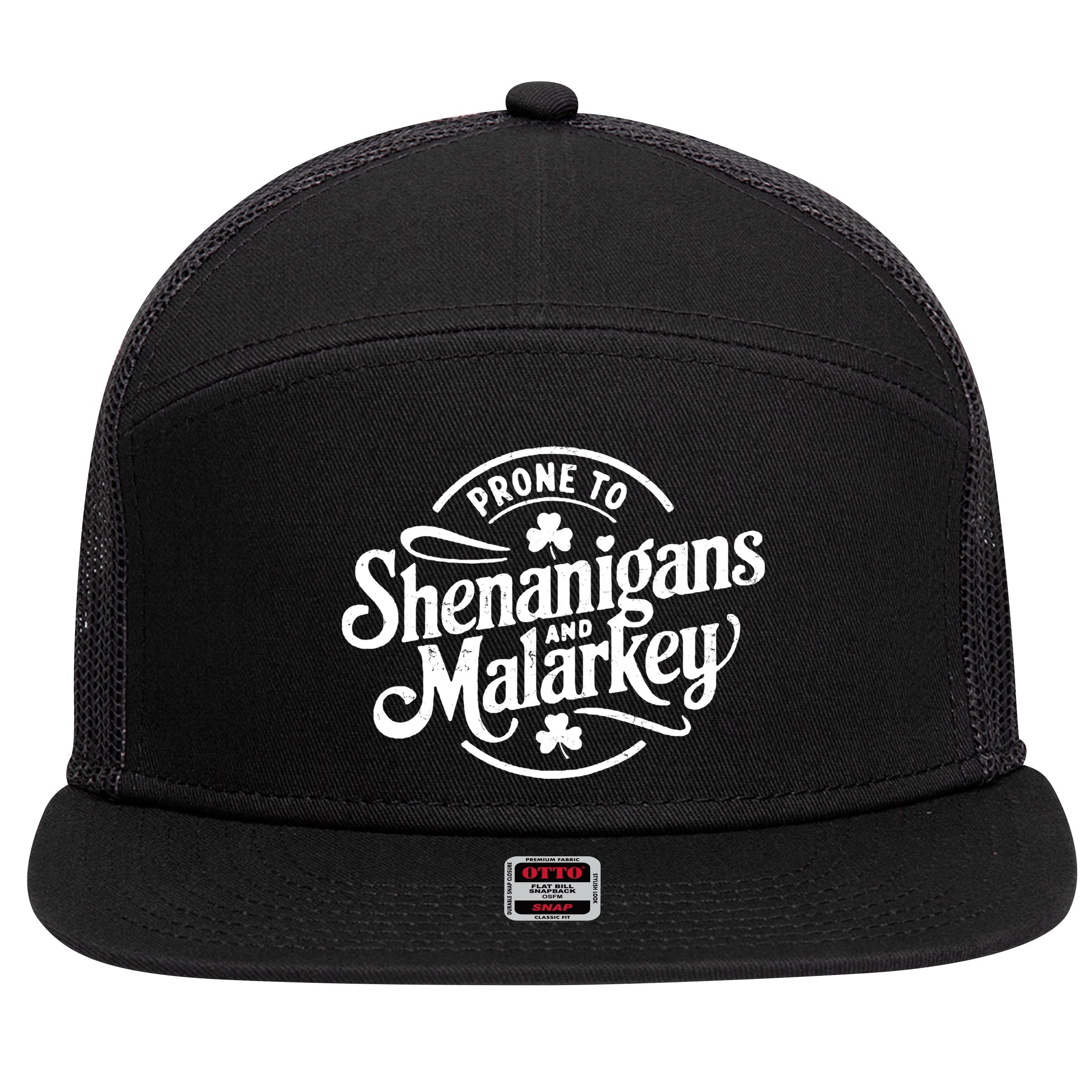 Prone To Shenanigans Malarkey Funny Clovers St Patricks Day 7 Panel Mesh Trucker Snapback Hat
