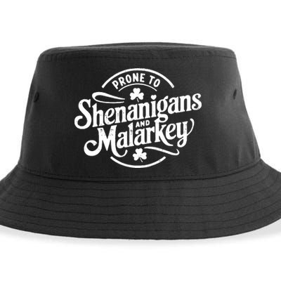 Prone To Shenanigans Malarkey Funny Clovers St Patricks Day Sustainable Bucket Hat