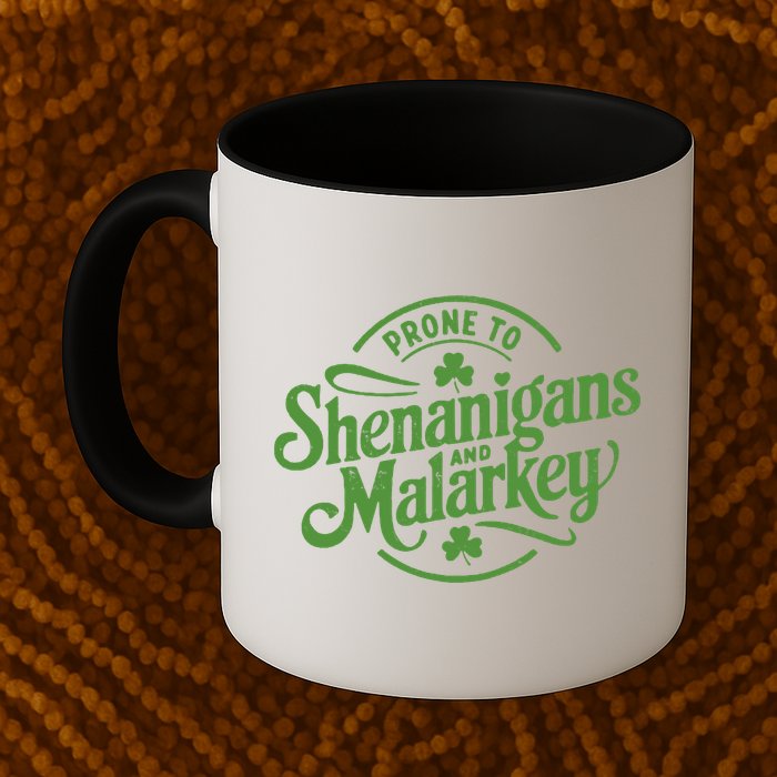Prone To Shenanigans Malarkey Funny Clovers St Patricks Day Mug
