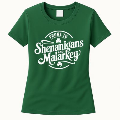 Prone To Shenanigans Malarkey Funny Clovers St Patricks Day Womens T-Shirt
