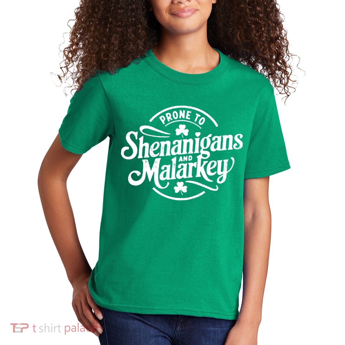 Prone To Shenanigans Malarkey Funny Clovers St Patricks Day Kids T-Shirt
