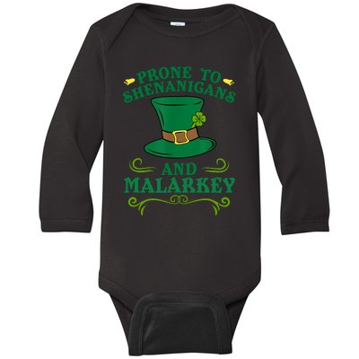 Prone To Shenanigans And Malarkey Funny St Patricks Day Baby Long Sleeve Bodysuit