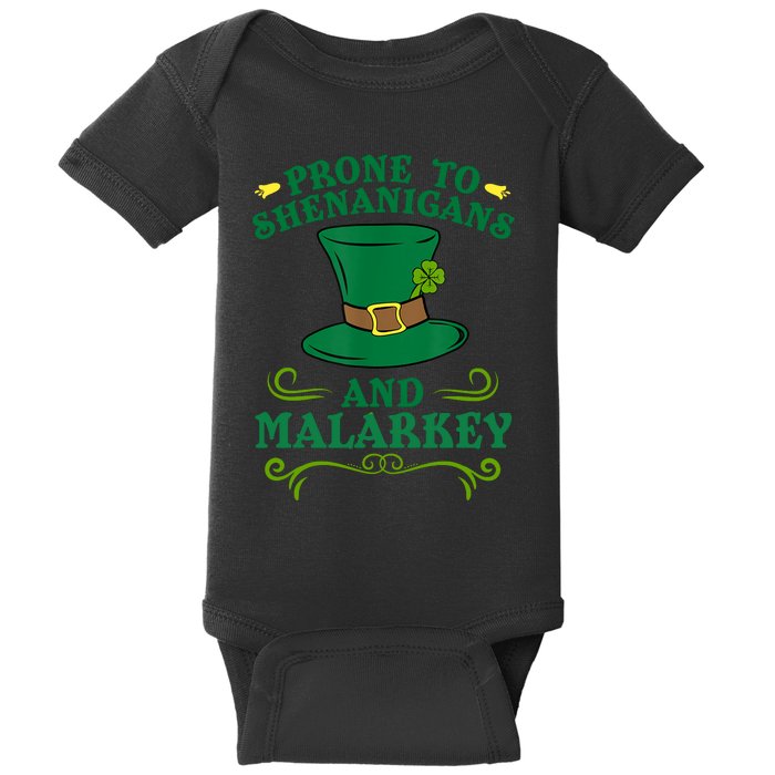 Prone To Shenanigans And Malarkey Funny St Patricks Day Baby Bodysuit