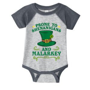 Prone To Shenanigans And Malarkey Funny St Patricks Day Infant Baby Jersey Bodysuit