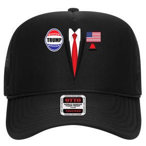 President Trump Shirt Suit Halloween Lazy Costume Flag High Crown Mesh Back Trucker Hat